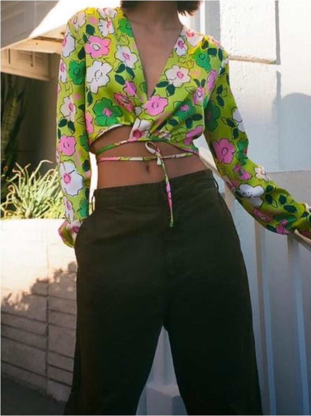 Floral Wrap Crop Top in Neon Lime and Pink